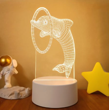 White wireframe dolphin 3d led night light with circular hoop design illuminated by soft ambient light featuring colorful touch remote control.