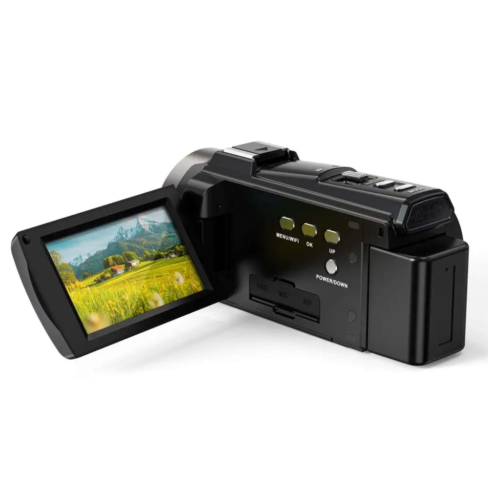 Black 5k digital camcorder with flip-out lcd displaying a scenic landscape for 48mp outdoor sports use