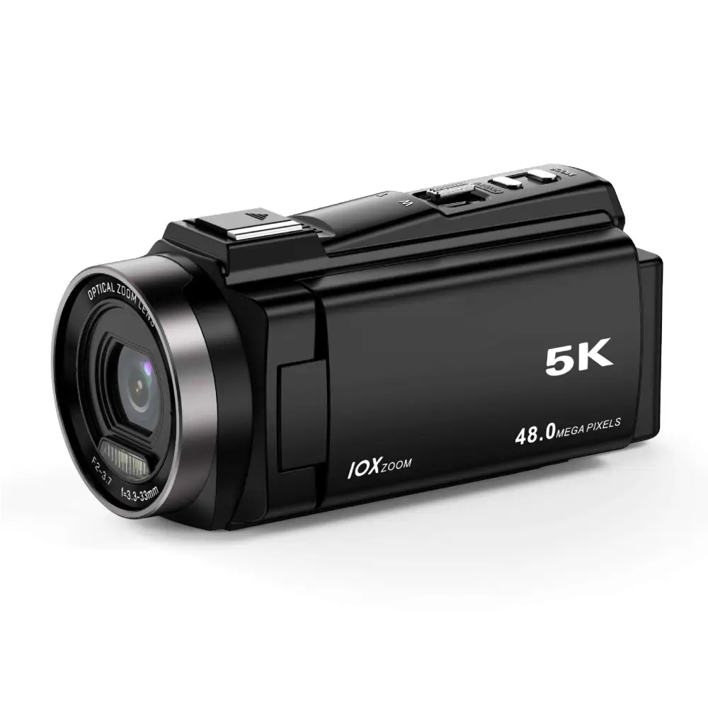 Black 5k digital outdoor sports camera with 48mp resolution and optical zoom lens for high-quality recording