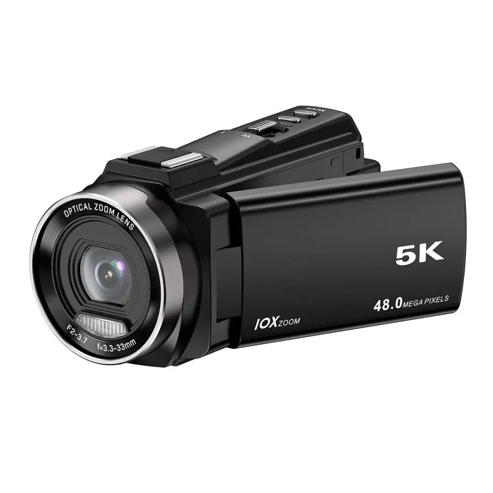 Black 5k digital 48mp outdoor sports camera with silver-accented optical zoom lens and 10x zoom branding