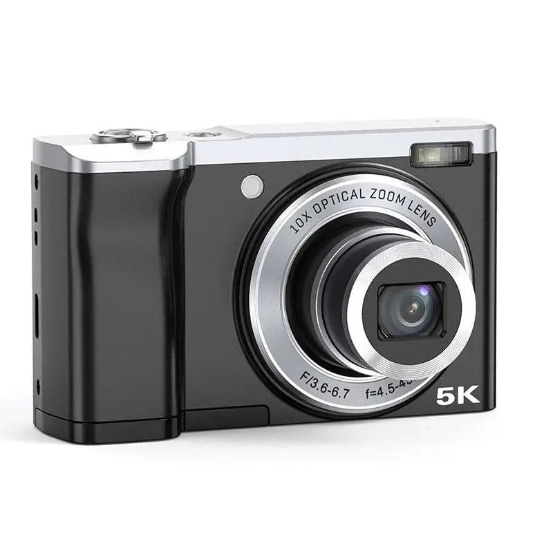 Black and silver compact 5k shooting digital camera with 10x optical zoom for high-quality digital camera performance