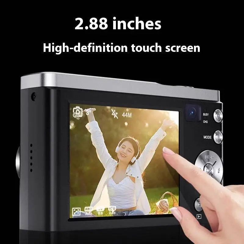 Black and silver 5k hd optical zoom shooting digital camera with 2.88-inch hd touchscreen and physical navigation buttons back side showing digital camera performance