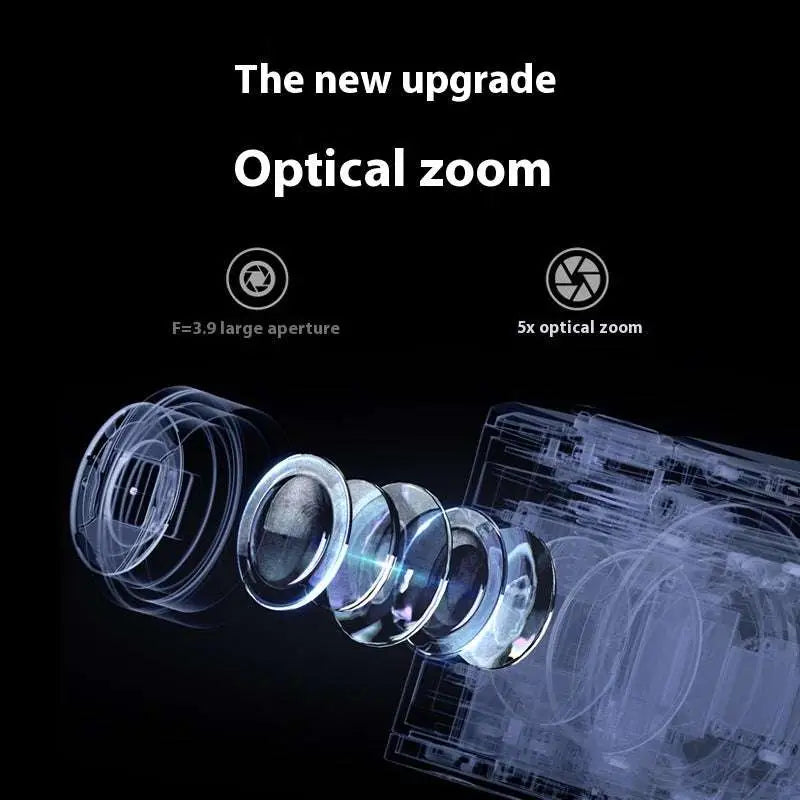 5k hd optical zoom shooting digital camera with transparent blue glass lens system featuring f3.9 aperture and 5x zoom