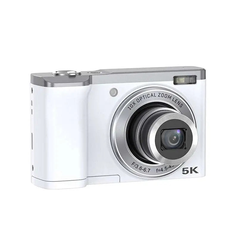 White compact 5k hd shooting digital camera with silver lens ring and 10x optical zoom for high-quality digital camera performance