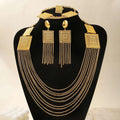 Gold-toned geometric necklace set with layered chains and square mesh pendants in fashion ladies 18k gold plated jewelry