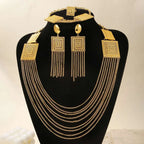 Gold-toned geometric necklace set with layered chains and square mesh pendants in fashion ladies 18k gold plated jewelry