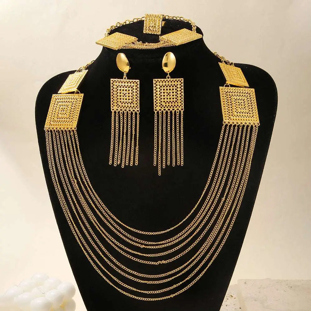 Gold-toned geometric necklace set with layered chains and square mesh pendants in fashion ladies 18k gold plated jewelry
