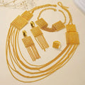Golden geometric necklace set with intricate square pendants and cascading chains in fashion ladies 18k gold plated jewelry