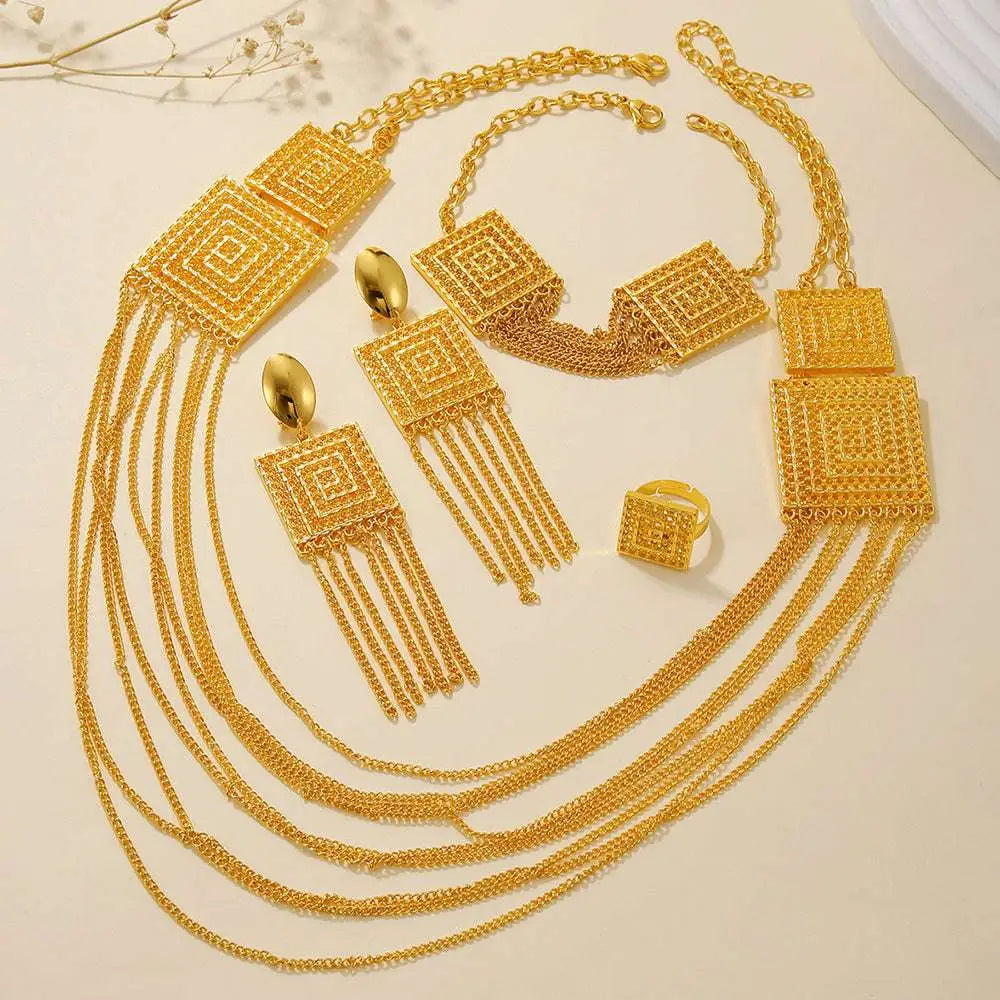 Golden geometric necklace set with intricate square pendants and cascading chains in fashion ladies 18k gold plated jewelry