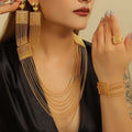 Gold-toned layered chain necklace with geometric mesh and fringe from 5pcs fashion ladies 18k gold plated jewelry set