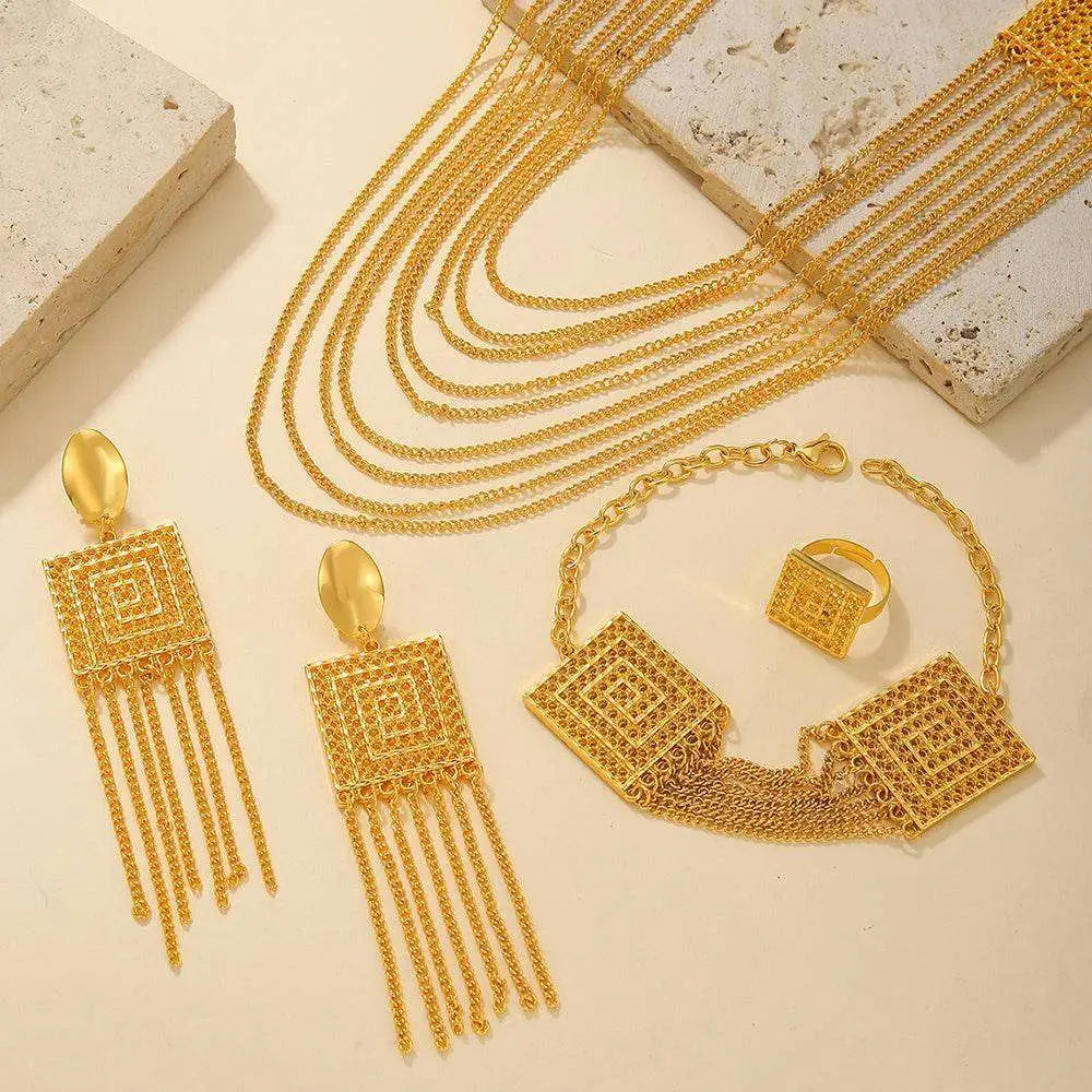 Gold geometric choker necklace with layered chain strands and square mesh detailing from fashion ladies 18k gold plated jewelry set