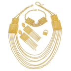 Gold toned geometric 5pcs fashion ladies 18k gold plated jewelry set with intricate square pendants and dangling chains
