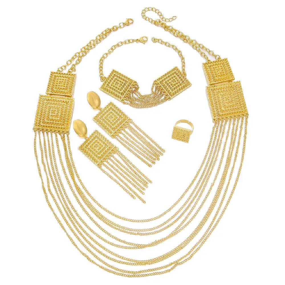 Gold toned geometric 5pcs fashion ladies 18k gold plated jewelry set with intricate square pendants and dangling chains