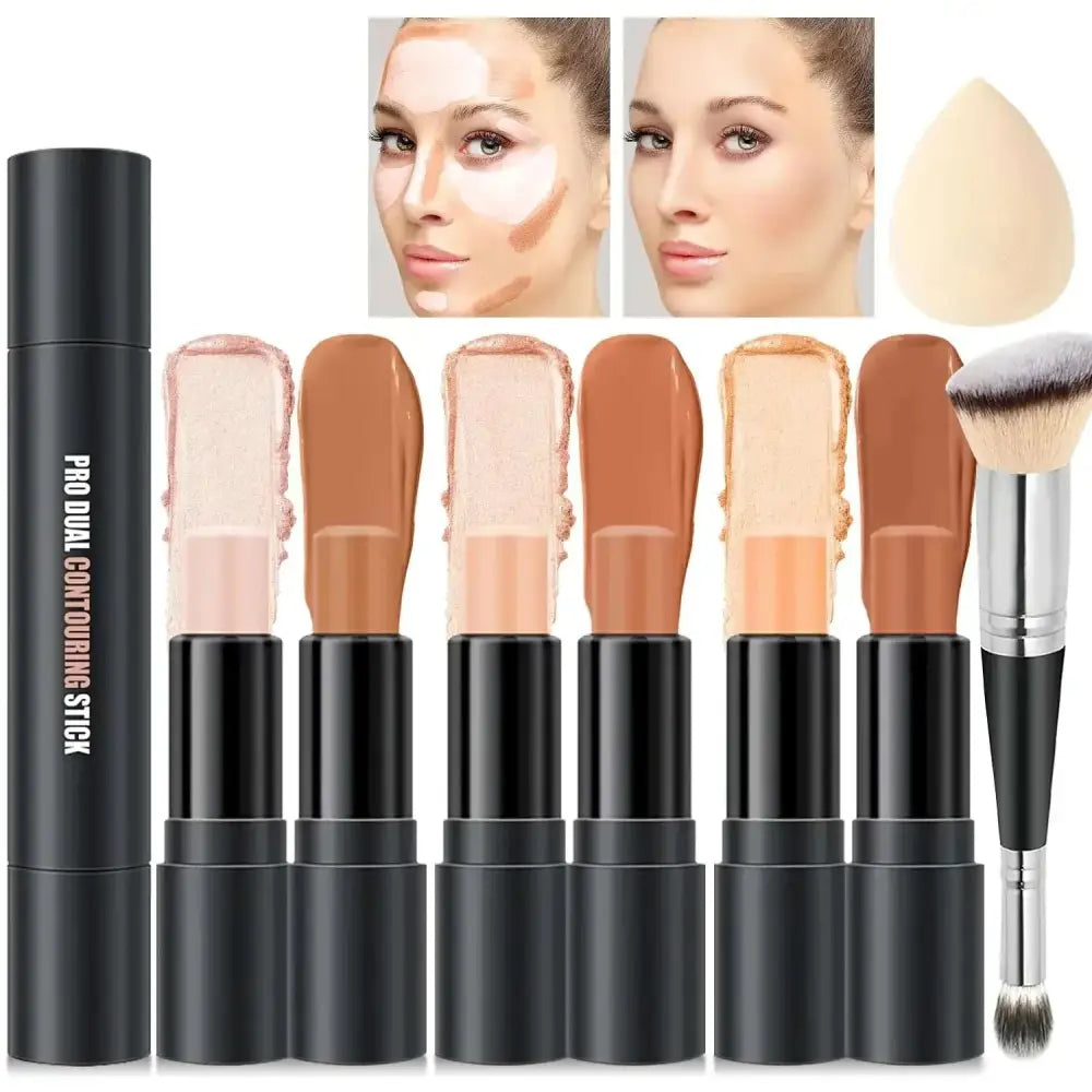 Set of six black-capped color contour sticks in beige, peachy, and brown shades for face sculpting stick makeup kit