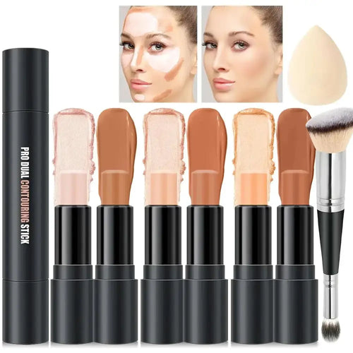 Set of six black-capped dual-tone color contour sticks in beige, peachy, and brown shades for face sculpting stick makeup kit
