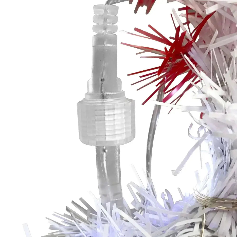 Clear plastic connector for vibrant red and white festive tinsel lights on 6 foot articulated fir christmas tree with led lights