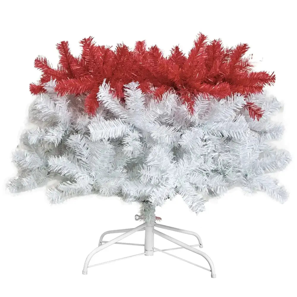 6 foot articulated fir christmas tree with vibrant red and white branches on white metal stand with led lights