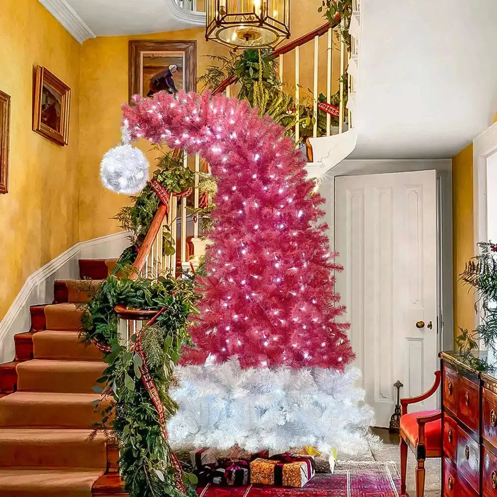 6 foot articulated fir christmas tree shaped like a santa hat in vibrant red and white with led lights