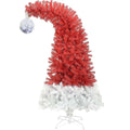 6 foot articulated fir christmas tree shaped like a vibrant red and white santa hat with fluffy silver pom-pom tip and led lights