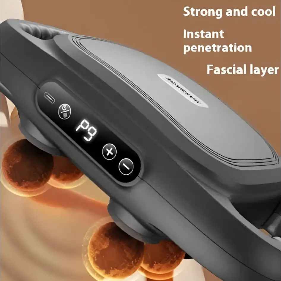 Black and gray 6-head massage gun deep with digital display and intensity controls for muscle recovery
