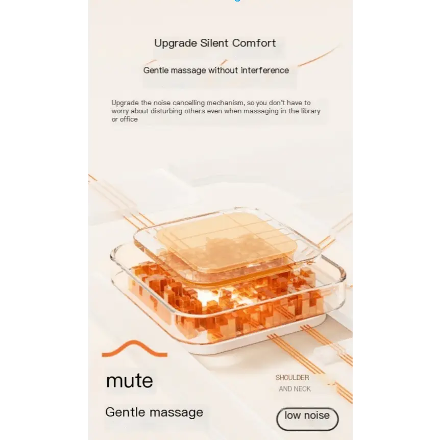Clear glass rectangular 6-head massage gun deep with orange internal components and transparent lid for muscle recovery