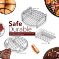 Stainless steel skewer rack with curved edges and wire mesh design in 6 in 1 air fryer baking pan with metal holder