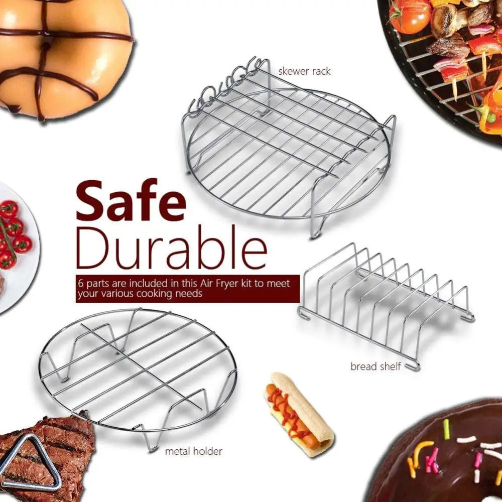 Stainless steel skewer rack with curved edges and wire mesh design in 6 in 1 air fryer baking pan with metal holder