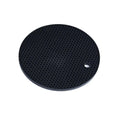 Black circular silicone mat trivet with honeycomb texture and side hole for 6 in 1 air fryer pizza pan and skewer rack
