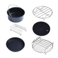 Black non-stick 6 in 1 air fryer baking pan with metal handle suitable for pizza pan and skewer rack use