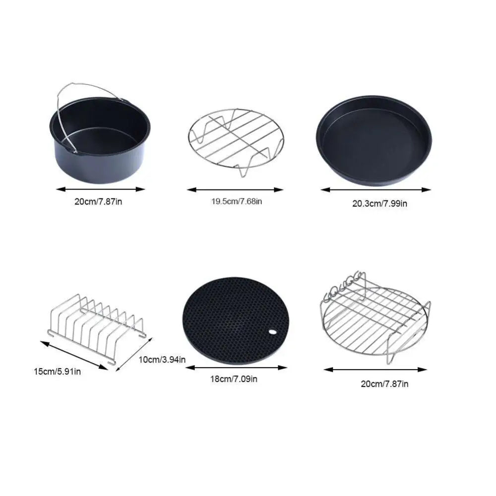 Black non-stick round air fryer baking pan with metal wire handle compatible with skewer rack and pizza pan use