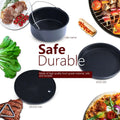 Black non-stick cake barrel with metal handle included in 6 in 1 air fryer baking pan with pizza pan and skewer rack options