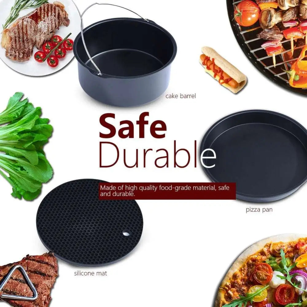 Black non-stick cake barrel with metal handle included in 6 in 1 air fryer baking pan with pizza pan and skewer rack options