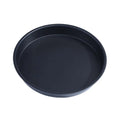 Black non-stick round pizza pan made of metal included in 6 in 1 air fryer baking pan with skewer rack and silicone mat