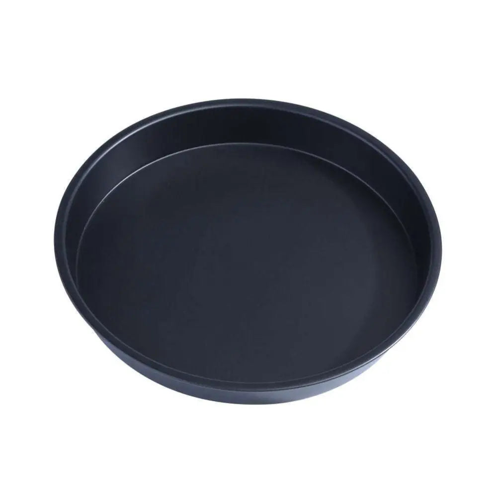 Black non-stick round pizza pan made of metal included in 6 in 1 air fryer baking pan with skewer rack and silicone mat
