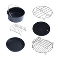 Black non-stick 6 in 1 air fryer baking pan with metal handle suitable for pizza pan and skewer rack use