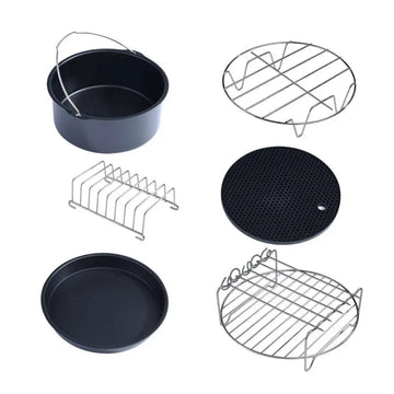 Black non-stick 6 in 1 air fryer baking pan with metal handle suitable for pizza pan and skewer rack use