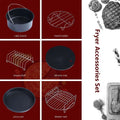 Black nonstick cake barrel with wire handle included in 6 in 1 air fryer baking pan with metal holder set with skewer rack and silicone mat