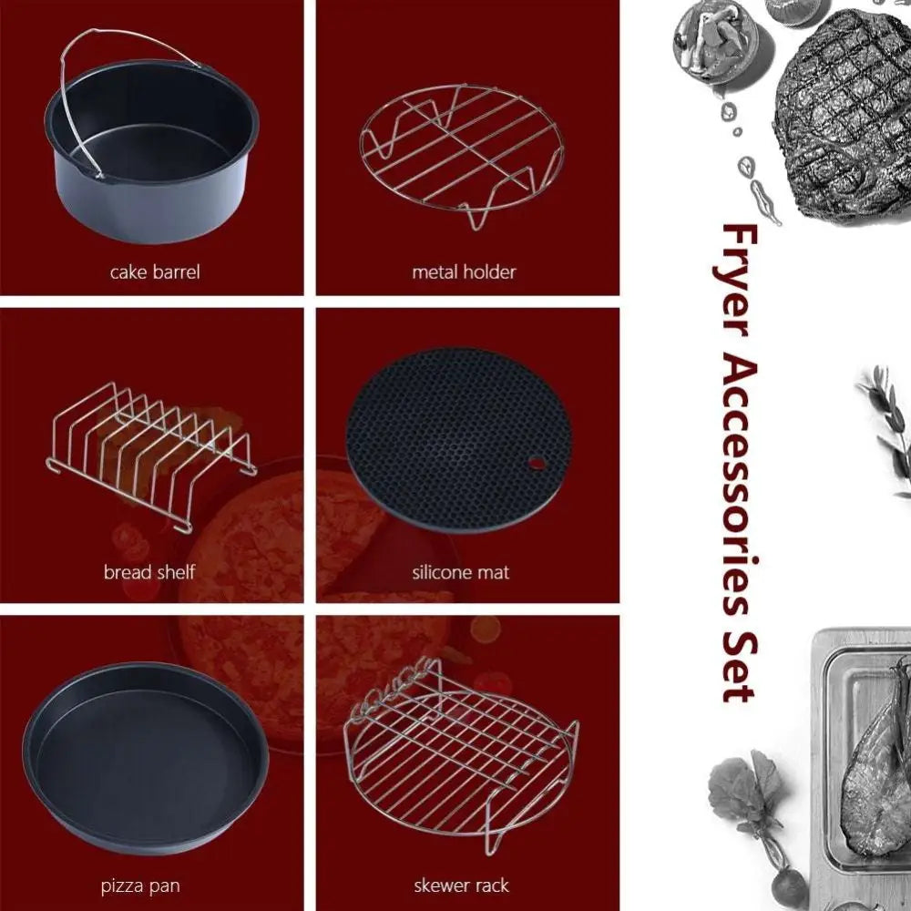 Black nonstick cake barrel with wire handle included in 6 in 1 air fryer baking pan with metal holder set with skewer rack and silicone mat