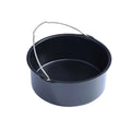Black non-stick round baking pan with silver wire handle for 6 in 1 air fryer pizza pan and skewer rack use