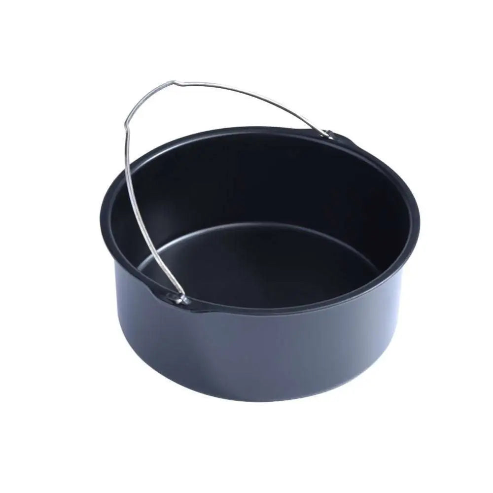 Black non-stick round baking pan with silver wire handle for 6 in 1 air fryer pizza pan and skewer rack use