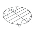 Circular chrome wire rack with oval shape and three v-shaped feet for stability in 6 in 1 air fryer baking pan with metal holder ideal as skewer rack or pizza pan base
