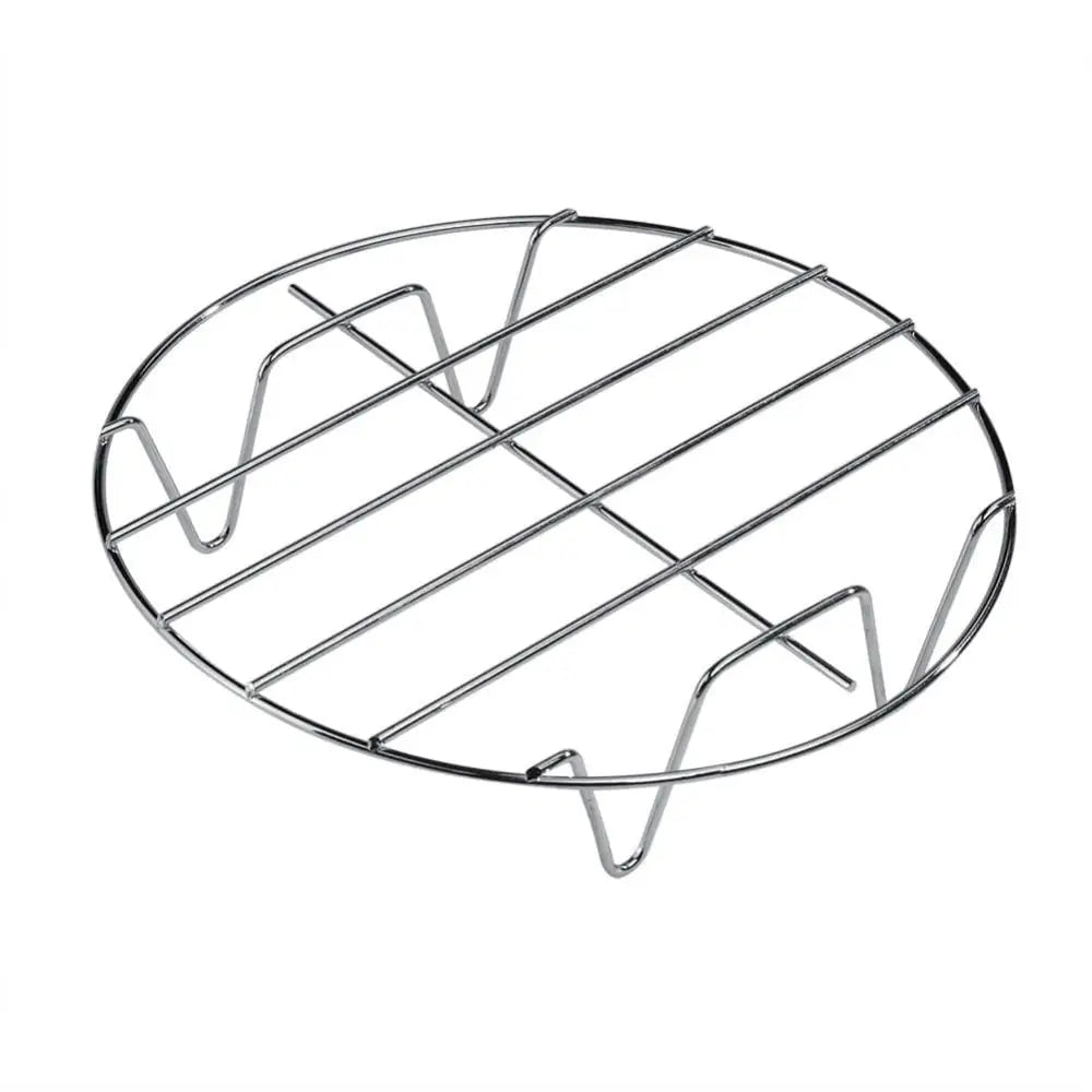 Circular chrome wire rack with oval shape and three v-shaped feet for stability in 6 in 1 air fryer baking pan with metal holder ideal as skewer rack or pizza pan base
