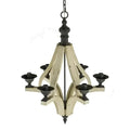 Distressed white and black metal six arm light wood chandelier for dining hall entrance with candle-style lights