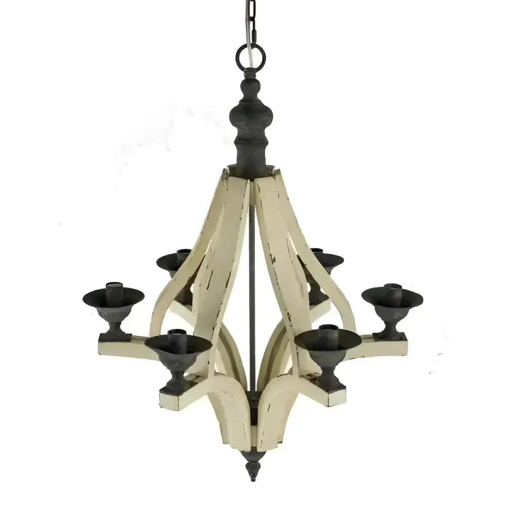 Distressed white and black metal six arm light wood chandelier for dining hall entrance with candle-style lights
