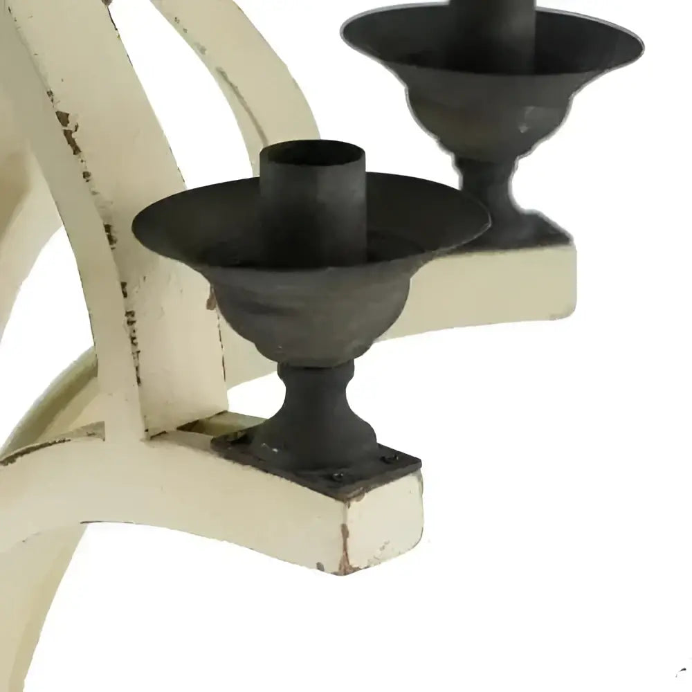 Distressed white wood 6 light wood chandelier with dark gray candle holders for dining hall entrance lighting