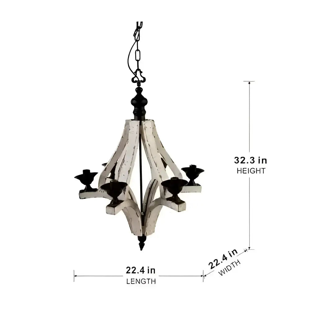 6 light wood chandelier with distressed white wood frame and black metal accents for dining hall entrance lighting