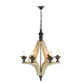 6 light wood chandelier with distressed white wood frame and black metal accents for dining hall entrance lighting