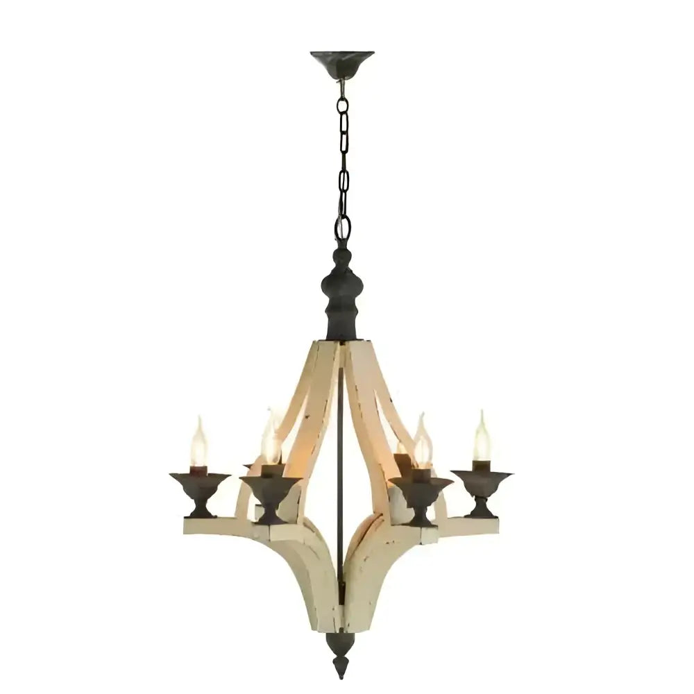 6 light wood chandelier with distressed white wood frame and black metal accents for dining hall entrance lighting