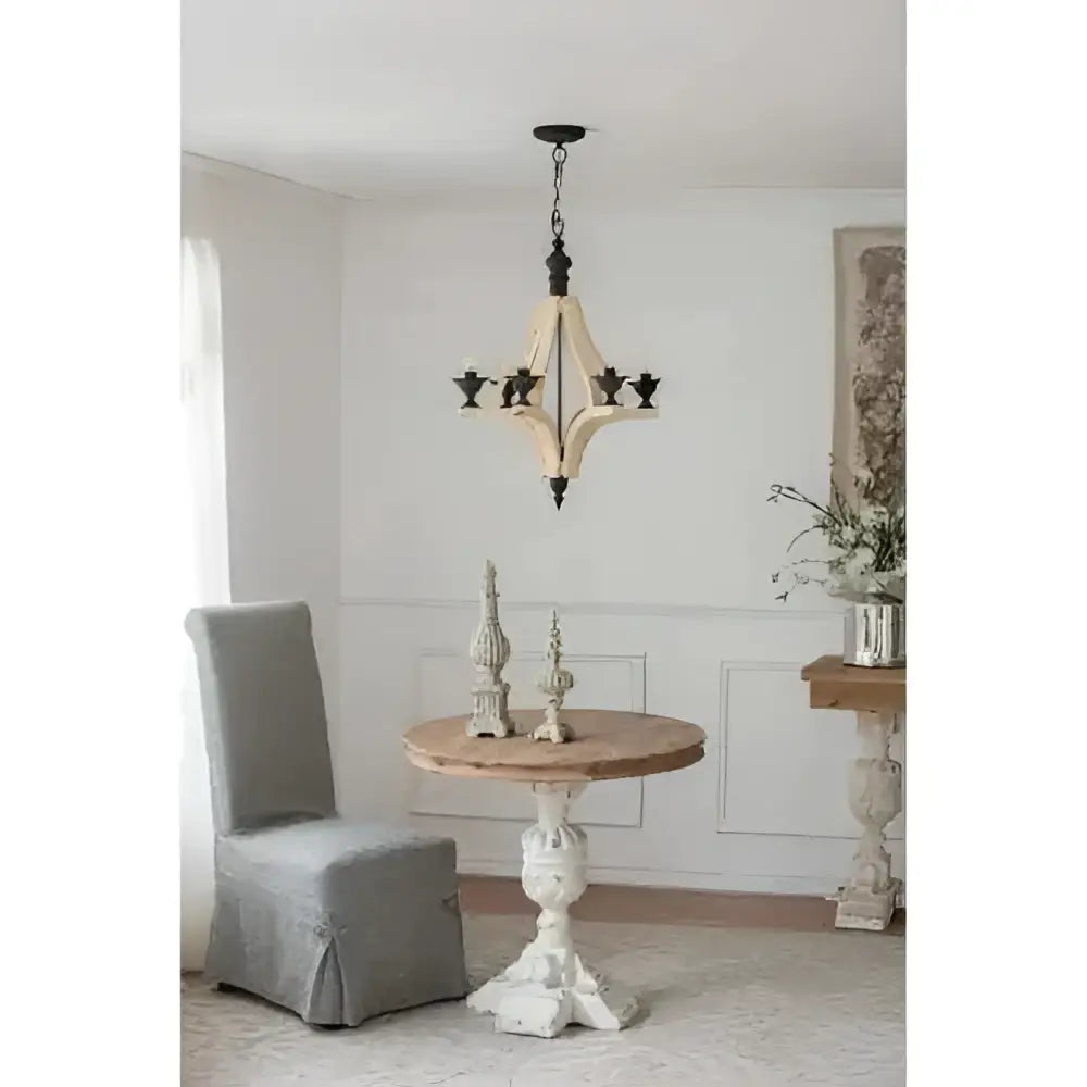 Rustic distressed white wood 6 light wood chandelier with dark metal chain for dining hall entrance lighting