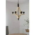 A rustic 6 light wood chandelier with distressed white wood frame and black metal accents for dining hall entrance